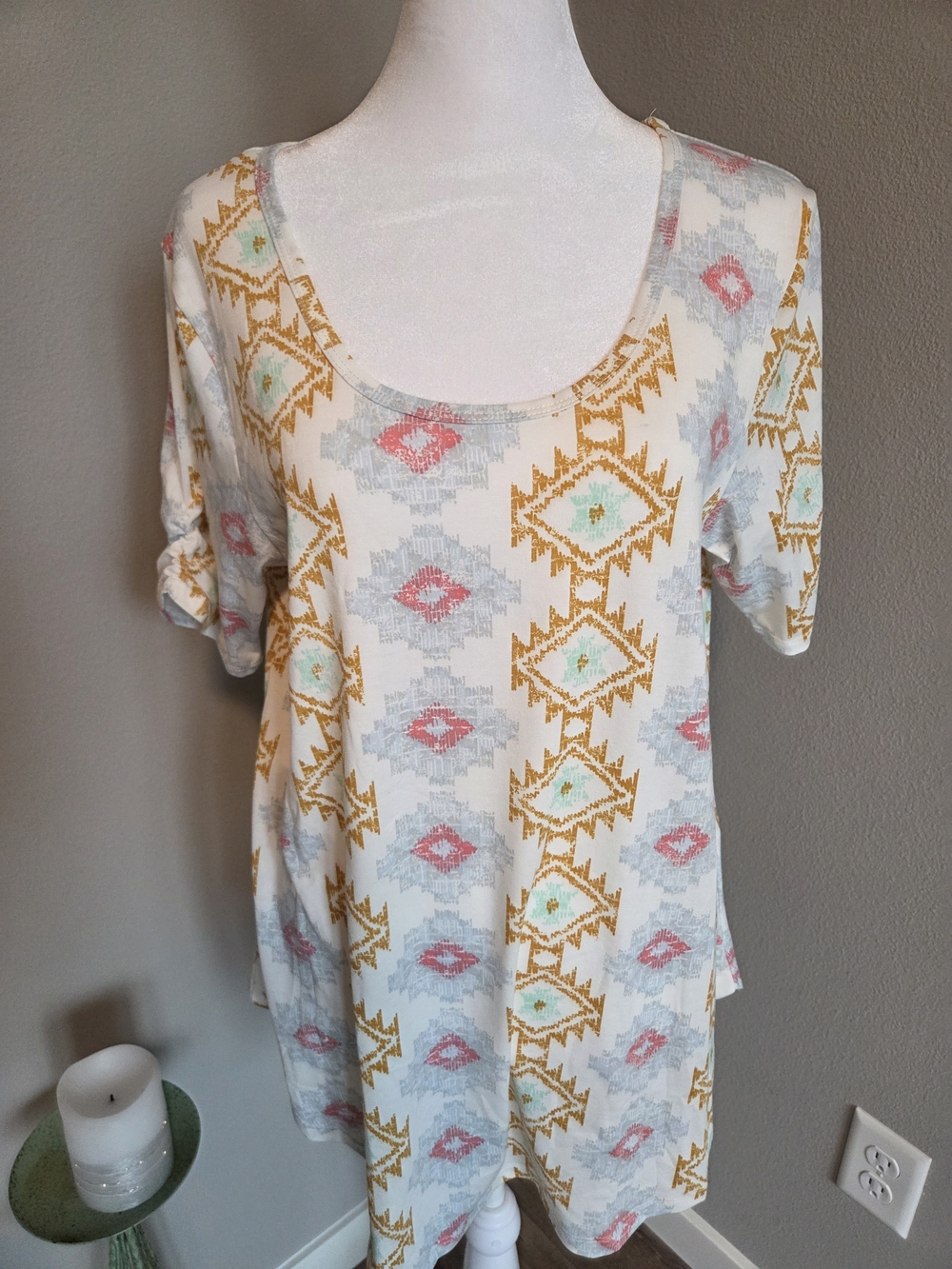 LuLaRoe Aztec Scoop Neck Tunic - White with Mustard, Coral & Mint